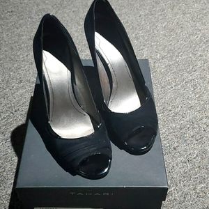 Tahari Black Suede Open Toe Heels